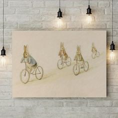 three rabbits riding on bicycles in front of a brick wall with lights hanging from the ceiling