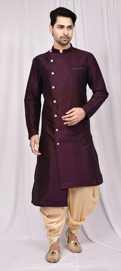 Purple and Violet color Dhoti Kurta in Art Dupion Silk fabric with Thread work Purple Self Design Kurta With Traditional Drape, Traditional Purple Kurta With Pallu, Purple Kurta With Traditional Drape And Self Design, Purple Art Silk Kurta For Festivals, Purple Kurta With Traditional Drape For Festivals, Purple Kurta With Traditional Drape For Transitional Season, Traditional Drape Purple Kurta For Diwali, Traditional Handloom Sherwani For Festivals, Traditional Drape Purple Kurta For Festivals