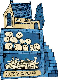 there is a drawing of skulls stacked on top of each other in front of a building