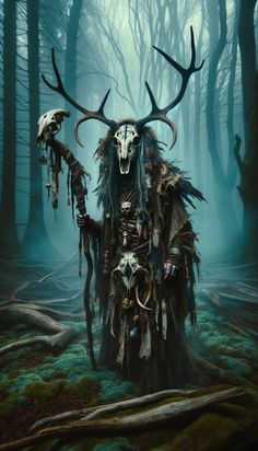 a man with long hair and horns standing in the middle of a forest filled with dead animals