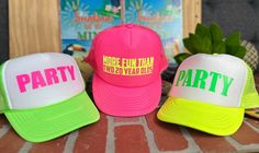 three hats that say party on them