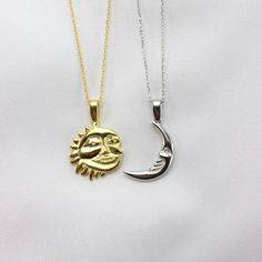 Looking for a perfect gift for your special someone or a friend? Look no further than our handmade Sun and Moon Necklace Set! These matching necklaces are a symbol of the eternal bond between two people, making them the ideal friendship or soulmate necklace. Sun Necklace is 14k gold plated necklace and Moon Necklaece is sterling silver. Crafted with love and care, our Sun and Moon Necklace Set is a beautiful piece of handmade jewelry that will be cherished for years to come. The attention to det Sterling Silver Sun And Moon Pendant Charm Necklace, Celestial Sterling Silver Necklace Gift, Celestial Sterling Silver Necklaces As A Gift, Sterling Silver Pendant Necklace With Sun And Moon Design, Celestial Sterling Silver Necklace For Gift, Sterling Silver Charm Necklace With Sun And Moon Design, Celestial Jewelry For Mother's Day Gift, Celestial Sun And Moon Design Necklace As Gift, Celestial Necklaces With Sun And Moon Design For Gift