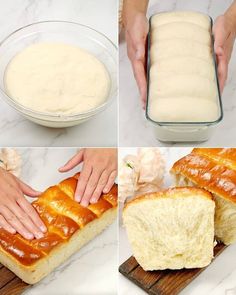 four pictures showing how to make bread with butter and jelly in the middle, then using it as an appetizer