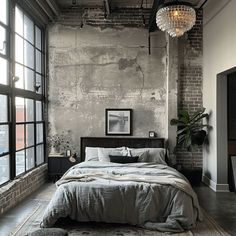 A monochromatic industrial loft bedroom with varying shades of gray, creating a cohesive and sophisticated single-color scheme in an industrial loft color palette design1 Industrial Scandinavian Interior, Eclectic Loft, Industrial Style Bedroom, Industrial Bedroom, Mens Bedroom, Exposed Brick Walls, Urban Loft