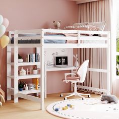 a white loft bed with desk underneath it in a pink walled living room, with artwork on the wall