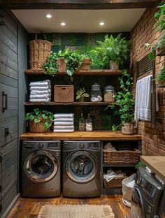 a washer and dryer in a room with plants on the shelves above them