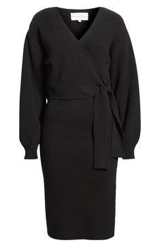 This faux-wrap sweater-dress knit with soft ribbing features a sultry dipped neckline and waist-cinching sash. 40" length (size medium) Surplice V-neck Long sleeves with ribbed cuffs Attached waist tie 50% viscose, 28% polyester, 22% nylon Hand wash, dry flat Imported Black Wrap Dress For Night Out, Fall Fitted Wrap Dress With Surplice Neckline, Fitted Black Wrap Dress With Tie Waist, Black Wrap Dress With Tie Waist, Black Wrap Dress For Date Night, Fitted Faux Wrap Dresses For Fall, Fitted Wrap Dress For Fall Date Night, Black Wrap Dress With Tie Waist For Date Night, Black Tie Waist Wrap Dress For Date Night