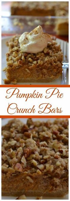 pumpkin pie crunch bars on a white plate with orange border and text overlay that reads, pumpkin pie crunch bars