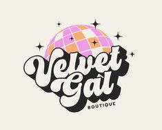 the logo for a clothing store called velvet cat boutique, with an image of a disco ball and stars