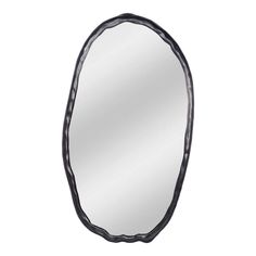 an oval shaped mirror with black and white lines on the edges, against a white background