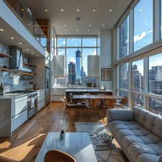 a living room filled with furniture and large windows next to a dining table on top of a hard wood floor