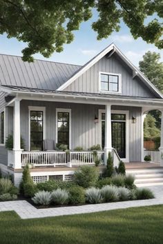 A charming gray cottage with a front porch and well-maintained garden. Front Farmhouse Porch, Small White And Black House, Single Story House Paint Exterior, Farmhouse House Colors Exterior, Light Grey House White Trim, Types Of House Styles Exterior, Scandinavian Exterior House Colors, Small House Paint Exterior, Exterior Ranch House Colors