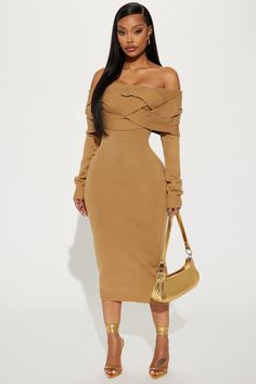 Available In Tan. Sweater Midi Dress Off Shoulder Long Sleeves Folder Over Detail Stretch Length = 47" 100% Acrylic Imported | Vivien Sweater Midi Dress in Tan size 3X by Fashion Nova Fashion Nova Date Night Outfits, Elegant Long Sleeve Dresses Classy, Chic Fall Dresses, Burnt Orange Outfits Female, Thanksgiving Clothes For Women, Cute Fall Outfits Dresses, Business Attire For Black Women, Autumn 2024 Fashion, Africa Dresses Styles