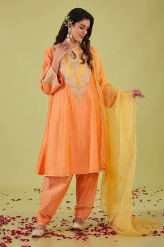 Peach flared sleeves anarkali with persian bloom yoke embroidery using gota, moti sequins and zari nakshi highlights. Paired with a salwar and scallop moti border yellow organza dupatta. - Aza Fashions Yoke Embroidery, Embroidered Anarkali, Organza Dupatta, Fashion App, Set For Women, Flared Sleeves, Anarkali, Aza Fashion, Persian