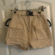 Never Worn Perfect Condition Size 4 Buckle Up And Zip Trendy Beige Shorts With Pockets, Casual Beige Cargo Shorts With Belt Loops, Beige Cotton Shorts With Belt Loops, High Waist Beige Utility Bottoms, High Waist Utility Shorts With Belt Loops, Utility High Waist Shorts With Belt Loops, Khaki High-waisted Shorts With Belt Loops, Neutral Summer Shorts With Pockets, Neutral High-waisted Shorts With Pockets