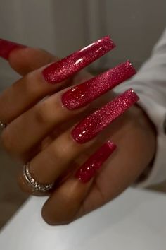 Red Square Nails Design, Jelly Red Nails, Red Square Acrylic Nails, Red Square Nails, Red Sparkly Nails, Dark Color Nails, Dark Pink Nails, Red Nails Glitter, Press Nails