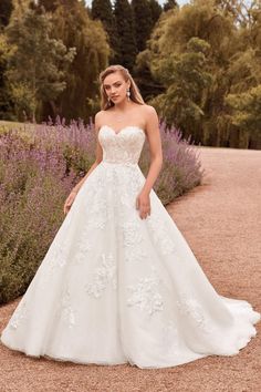 a woman in a white wedding dress standing on a path surrounded by lavender bushes and trees