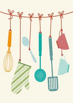 kitchen utensils hanging from a line on a string