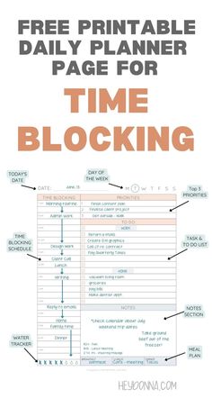 the printable daily planner page for time blocking