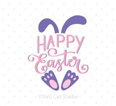 the words happy easter written in pink and purple on a white background with bunny paws