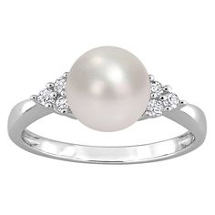 Featuring a lustrous freshwater cultured pearl and dazzling diamond side stones, this Stella Grace ring is a stylish complement to your wardrobe.Click on this JEWELRY & WATCHES GUIDE to learn about fit, styles, materials and more! Width: 8.4 mm Metal: sterling silver Plating: rhodium Finish: polished Packaging: boxedDIAMOND DETAILS Total weight: 1/8 ct. Shape: round Setting: prongCULTURED PEARL DETAILS Type: freshwater Size: 8 mm - 8.5 mm Shape: round Color: white Diamond weights are approximate Pearl Details, Right Hand Rings, Pearl Cream, Chakra Bracelet, Fancy Jewelry, Pearl Ring, Cultured Pearls, Womens Jewelry Rings, Rings Statement