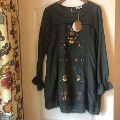 One Of Two Easy Breezy Dresses I Bought At A Boutique And Never Wore. Both Mediums, Pit To Pit Measurement Is 19 1/2. Total Length Is 32. This One Is Long Sleeved. It Is A Deep To Grayish Olive Green With Crochet Detail And Navy, Burnt Orange, White And Some Yellow Embroidered Flowers. Perfect For Fall! Bohemian Mini Dress For Garden Party In Fall, Fall Bohemian Mini Dress For Garden Party, Spring Fitted Tunic Dress, Spring Casual Tunic Dress, Fitted Tunic Dress For Spring, Fall Bohemian Mini Dress For Brunch, Bohemian Mini Dress For Fall Brunch, Spring Cotton Shift Mini Dress, Spring Shift Mini Dress In Cotton