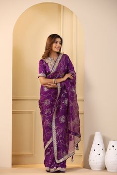 Buy beautiful purple embroidered organza sari online in USA with embroidered blouse. Make a fashion statement on festive occasions and weddings with designer suits, Indian dresses, Anarkali suits, palazzo suits, designer sarees, sharara suits, Bollywood saris from Pure Elegance Indian fashion store in USA.-full view Embroidered Purple Georgette Pre-draped Saree, Purple Georgette Pre-draped Saree For Festivals, Purple Dola Silk Pre-draped Saree, Anarkali-style Pre-draped Saree With Pallu In Purple, Purple Georgette Pre-draped Saree For Eid, Purple Pre-draped Saree With Dupatta For Diwali, Purple Organza Pre-draped Saree With Dupatta, Purple Chanderi Pre-draped Saree For Wedding, Traditional Purple Pre-draped Saree For Party