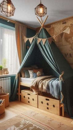 a child's room with a bed, dressers and hanging lights in it