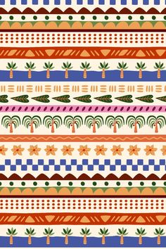 a colorful striped pattern with palm trees and flowers on the bottom, in different colors