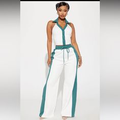 Always Playing Games Pants Set Fashion Nova Size Large Off White / A Dark Turquoise Runs Big If You Wear Xl, Large Will Fit. Pants Are Little Long Sleeveless Top Button Close Pants Have Pockets Super Cute!!!!!! Trendy White High Waist Jumpsuits And Rompers, Casual White Wide Leg Jumpsuits And Rompers, Trendy White Wide Leg Pants For Day Out, White Wide-leg Jumpsuits For Day Out, White Fitted Wide Leg Pants For Day Out, Fitted White Wide Leg Pants For Day Out, Fashion Nova Pants, Dark Turquoise, Pajama Shirt