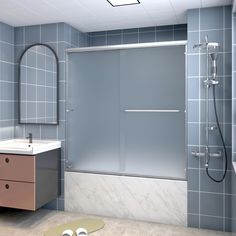 a bathroom with a sink, mirror and shower stall in the middle of the room