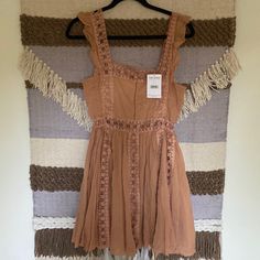 Adorable! Peachy Colored Boho Dress. Sooo Comfy, Soft Fabric. Size M Made In India. New With Tags But Has A Few Small Holes In The Back Peach Sleeveless Dress With Lace Trim, Sleeveless Peach Dress With Lace Trim, Free People Boho Dress, School Dance Dresses, Embroidered Dress Boho, Macrame Dress, Embroidered Tunic Dress, Free People Boho, Free People Mini Dress