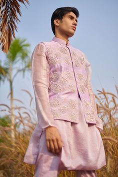 Lavender bundi with zardozi, resham embroidery in floral pattern. Paired with kurta and pant. - Aza Fashions Spring Chanderi Nehru Jacket With Resham Embroidery, Spring Resham Embroidery Chanderi Nehru Jacket, Spring Nehru Jacket With Resham Embroidery In Chanderi, Designer Raw Silk Nehru Jacket With Floral Embroidery, Spring Wedding Chanderi Bandhgala, Spring Wedding Bandhgala In Chanderi, Nehru Jacket With Floral Embroidery For Reception And Festivals, Floral Embroidered Nehru Jacket For Reception And Festivals, Floral Embroidered Nehru Jacket For Festivals And Receptions