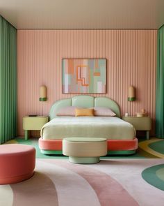 a bedroom with pink, green and yellow accents on the walls next to a bed