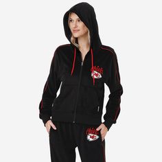 Kansas City Chiefs Womens Black Velour Zip Up Top FOCO S - FOCO.com Black Velour Tracksuit, Zip Up Top, Varsity Letterman Jackets, Velour Tracksuit, Logo Display, Aviator Jackets, Team Name, Perfect Harmony, Tracksuit Women