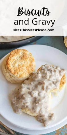 biscuits and gravy on a white plate with biscuits in the background