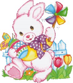 a white teddy bear holding an easter egg and a butterfly on it's back