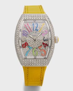 Find FRANCK MULLER 32mm Stainless Steel Vanguard Color Dreams Diamond Watch With Yellow Alligator Strap on Editorialist. Franck Muller watch from the Vanguard collection 332mm tonneaushaped case in stainless steel Watch head decorated with white diamonds Yellow alligator strap with diamond buckle Pavé dial with rainbow Arabic numerals Inner bezel with 60minute indicator Twohand quartz movement Total carat weight: 4.67 Made in Switzerland Luxury Yellow Watch Accessories With Round Dial, Luxury Multicolor Chronograph Watch Accessories, Multicolor Watches With Diamond Hour Markers And Round Dial, Multicolor Formal Watch With Diamond Hour Markers, Luxury Yellow Analog Watch Accessories, Luxury Multicolor Elegant Watch, Luxury Yellow Watch With Subdials, Multicolor Watch With Diamond Hour Markers, Frank Muller Watches Men