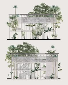 two drawings of the exterior of a building with trees on each side and plants in the middle