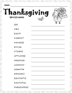 the thanksgiving word scramble is shown in this printable worksheet for students to practice spelling