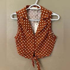 Nwt Top From By Together In Dark Tan And White Polka Dots Size Small Sleeveless Polka Dot Top For Work, Polka Dot Sleeveless Top For Work, Spring Polka Dot Retro Tops, Polka Dot Sleeveless Cotton Top, Polka Dot Vest, Polka Dot Collared Top With Button Closure, Wardrobe Aesthetic, Polka Dot Tank Top, Sleeveless Polka-dotted Cotton Top