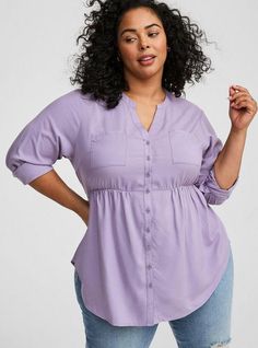 FIT Model is 5'10” wearing size 2. Measures 34” from shoulder (size 2). Babydoll silhouette. MATERIALS + CARE Challis woven fabric: New, improved, and loved by all—and still lightweight, drapey, and (really! ) machine-washable. . Stretch level: None. . 72% rayon, 28% polyester. Machine wash cold. Tumble dry low. Imported. DETAILS Split neckline. Button up. Chest pockets. Long sleeves. The best plus size women's emma babydoll tunic the in dusk made of washchallis. Torrid is your destination for c Plus Size Leisure Wear, Woman Within Plus Size Clothing, Rayon Shirt, Western Boho, Lace Inset, Denim Button Down, Women Outfits, Shoulder Shirts, Flowy Tops