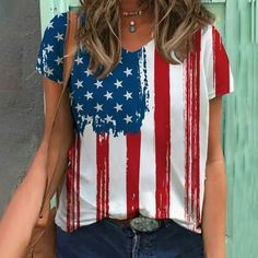 Welcome to our store!  The Women's 4th of July Top is the perfect way to celebrate Independence Day in style. Made from high-quality materials, this top is both comfortable and stylish, making it the perfect addition to any wardrobe. Featuring a classic red, white, and blue color scheme, this top is perfect for any patriotic occasion. With a flattering fit and a stylish design, this top is sure to turn heads wherever you go.  The Women's 4th of July Top is a versatile piece that can be dressed u Summer Americana Style Short Sleeve T-shirt, Short Sleeve T-shirt For Spring, American Style Short Sleeve T-shirt For Spring, Spring American Style Short Sleeve T-shirt, Multicolor American Flag Print Tops For Summer, Summer Americana T-shirt With Relaxed Fit, Blue T-shirt With American Flag Print For Spring, American Style T-shirt With Flag Print For Spring, Spring Americana Short Sleeve T-shirt