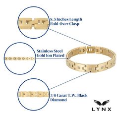 Featuring round-cut black diamonds, this elegant gold tone stainless steel bracelet is the perfect accessory to make any outfit special. Featuring round-cut black diamonds, this elegant gold tone stainless steel bracelet is the perfect accessory to make any outfit special.Click on this JEWELRY & WATCHES GUIDE to learn about fit, styles, materials and more! Length: 8.5 in. with 0.5-in. lock extender Clasp: fold-over Metal: stainless steel Plating: gold tone Finish: polished Packaging: boxedDIAMON Formal Yellow Gold Stainless Steel Bracelets, Formal Gold Stainless Steel Bracelet With Solid Links, Modern Gold Stainless Steel Bracelet For Formal Occasions, Modern Stainless Steel Gold Bracelet For Formal Occasions, Luxury Stainless Steel Bracelet For Formal Occasions, Modern Gold Bracelet For Formal Occasions, Luxury Stainless Steel Box Chain Bracelet, Classic Stainless Steel Chain Bracelet For Formal Occasions, Luxury Yellow Gold Bracelet With Stainless Steel Clasp