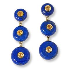 Rarities Round Graduated Lapis Drop Earrings with Citrine Accents  Accent your burst of blue with the gorgeous golden flakes of these lapis stones. Add a bit of "WOW" with citrine stones, and you have a "must-have" pair of dangle earrings that you can wear night and day.       Approx. 1-9/16"L x 1/2"W x 1/2"H      Stamped .925     Pierced with clutch backs     Earring drops each comprised of 3 round lapis stones each accented with a round, bezel-set citrine      Polished finish   Stone Informati Pierced Lapis Lazuli Round Jewelry, Ireland Fashion, Summer Romance, Night And Day, Citrine Stone, Day For Night, Rarity, Bezel Setting, Citrine