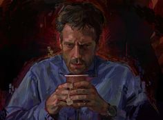 a painting of a man holding a cup in his hands and looking at the screen