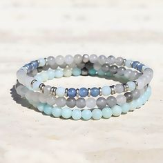 Calm Bracelet Set Good Birthday Presents, Grey Beads, Pretty Bracelets, Blue And Grey, Throat Chakra, Soothing Colors, Grey Tones, Bracelet Stack, Gemstone Bracelet