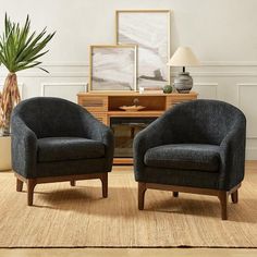 two chairs sitting next to each other on top of a rug in a living room