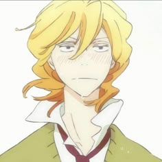 an anime character with blonde hair wearing a green jacket and white shirt, looking at the camera