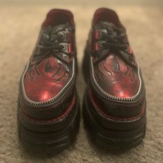 Perfect Condition, Barely Worn Size: 7.5 Men’s Size:9 Women’s Original Price:$250 Feel Free To Message To Negotiate A Price Or If You Have Any Questions Regarding This Item! Custom Patent Leather Sneakers With Red Sole, Red Low-top Custom Sneakers With Vibram Sole, Low-top Leather Boots With Red Sole, Red Platform Boots For Streetwear, Flame Shoes, New Rock Shoes, New Rock, Shoes Color, Shoes Women Heels